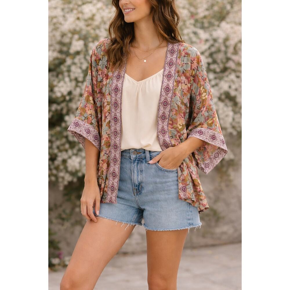 NKN Nekane Floral Boho Kimono Cardigan Beaded Trim Open Front M/L NWT